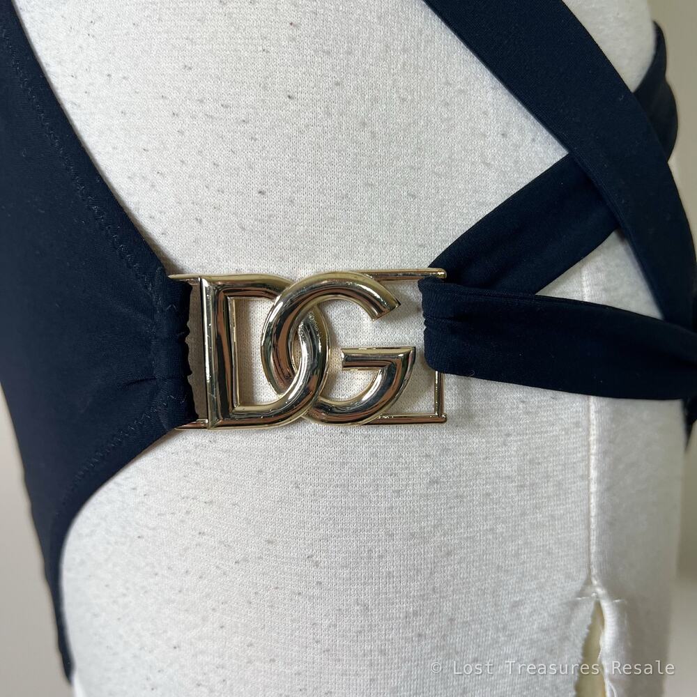 Dolce & Gabbana | Strappy Gold Logo Black Bandeau Designer One Piece Swimsuit M - Picture 8 of 13
